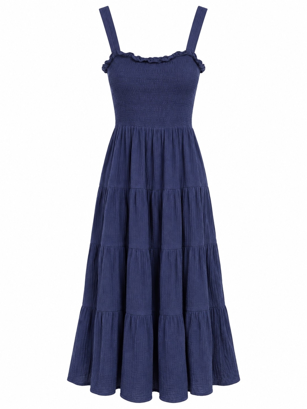 C&C CALIFORNIA | Navy Cotton Gauze Smocked Tiered Maxi Sundress Swim Cover | S